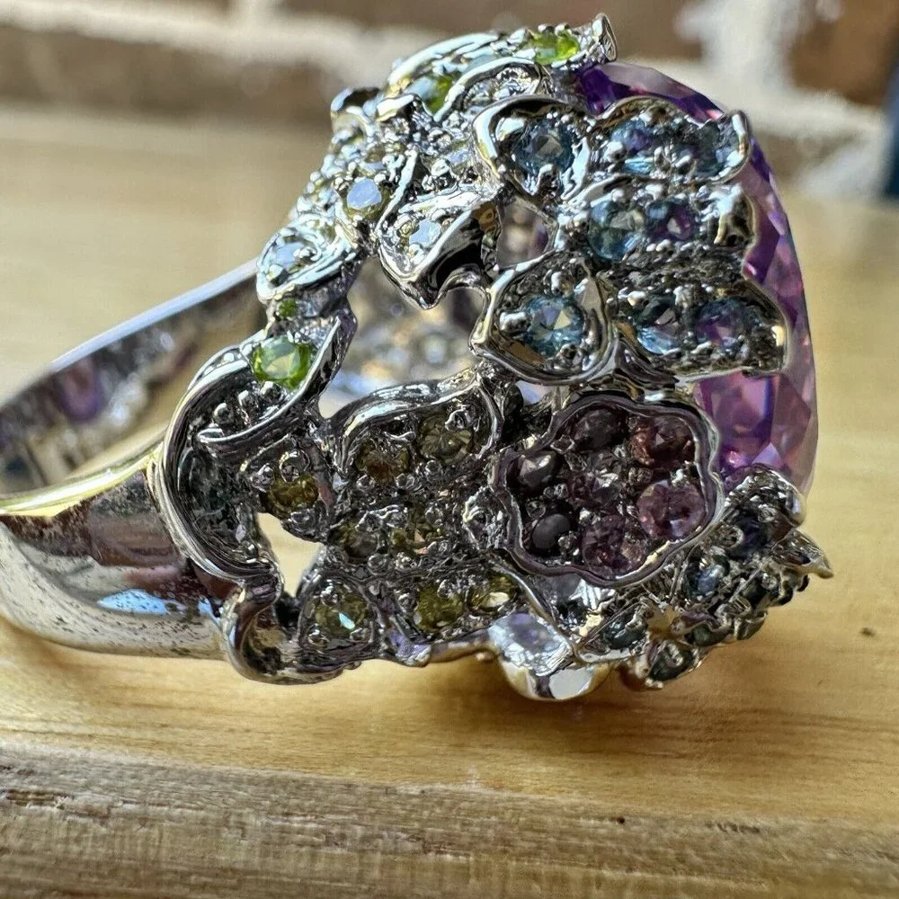 Statement Ring Size 9.75‎ Purple Blue Tanzanite Cluster Gems 925 Sterling 28.3g